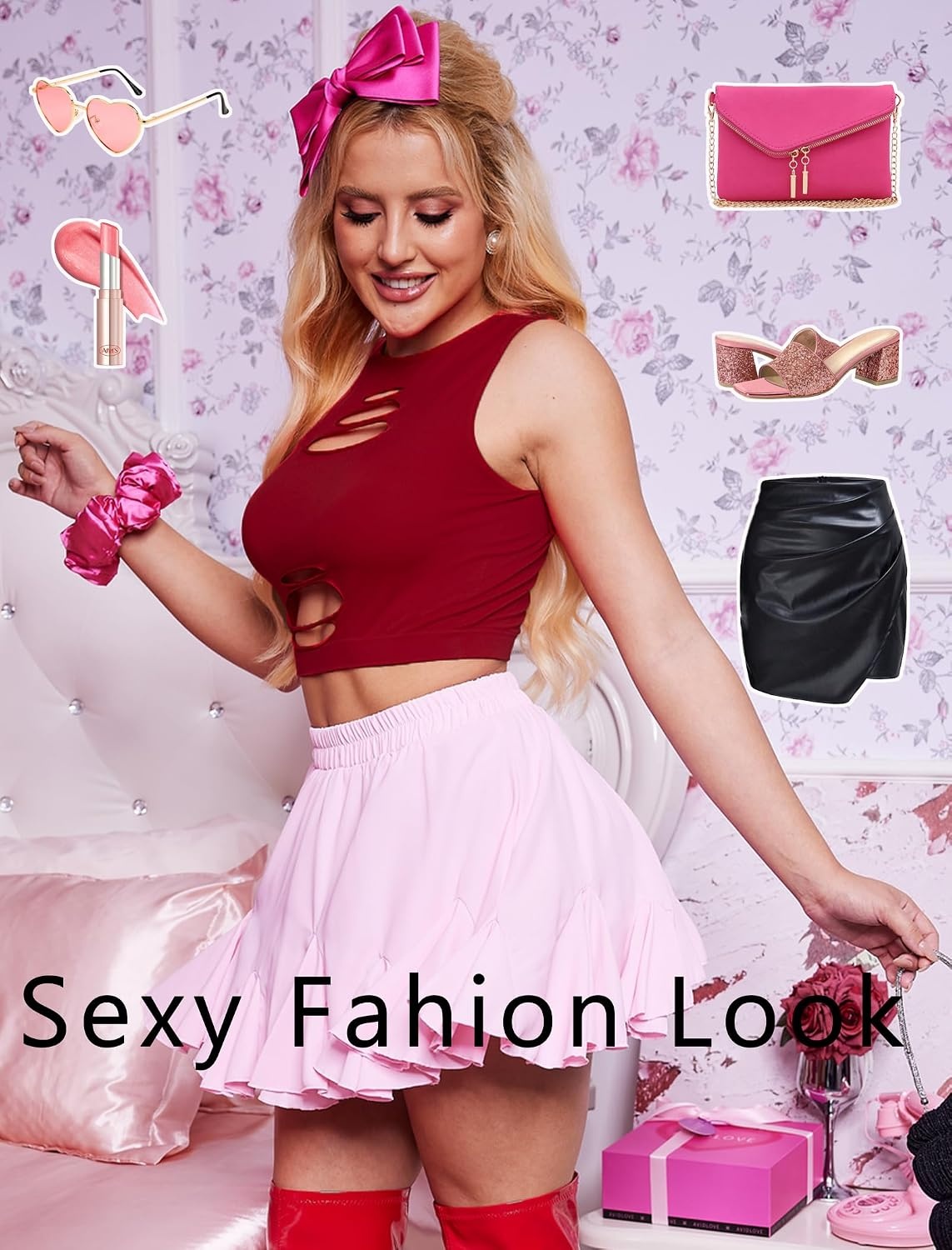 image:imageAvidlove Fishnet Top for Women Sexy Cut Out Crop Short Hollow Out Cropped Tank TopWine Red