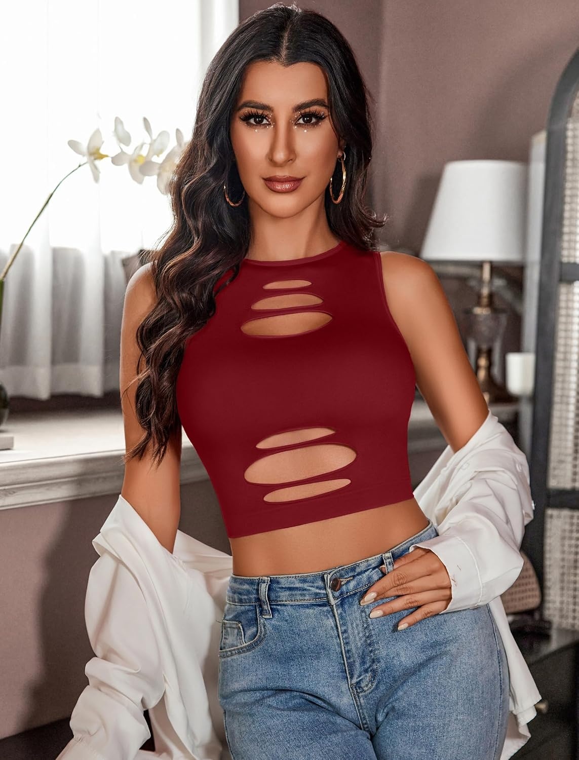 image:imageAvidlove Fishnet Top for Women Sexy Cut Out Crop Short Hollow Out Cropped Tank TopWine Red