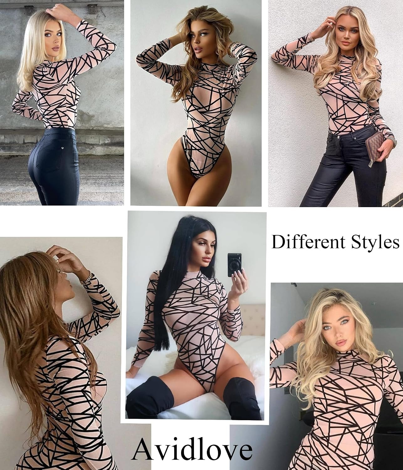 image:imageAvidlove Long Sleeve Bodysuit for Women Turtleneck Sheer Mesh Bodysuit Geo Print LeotardsBeige