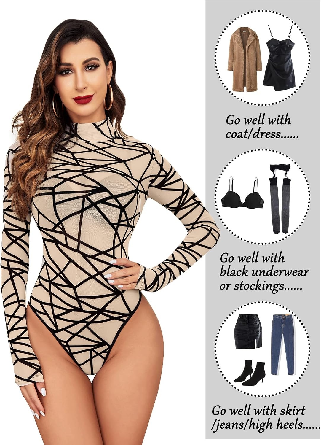 image:imageAvidlove Long Sleeve Bodysuit for Women Turtleneck Sheer Mesh Bodysuit Geo Print LeotardsBeige