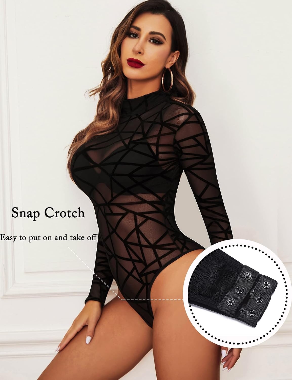 image:imageAvidlove Long Sleeve Bodysuit for Women Turtleneck Sheer Mesh Bodysuit Geo Print LeotardsBlack