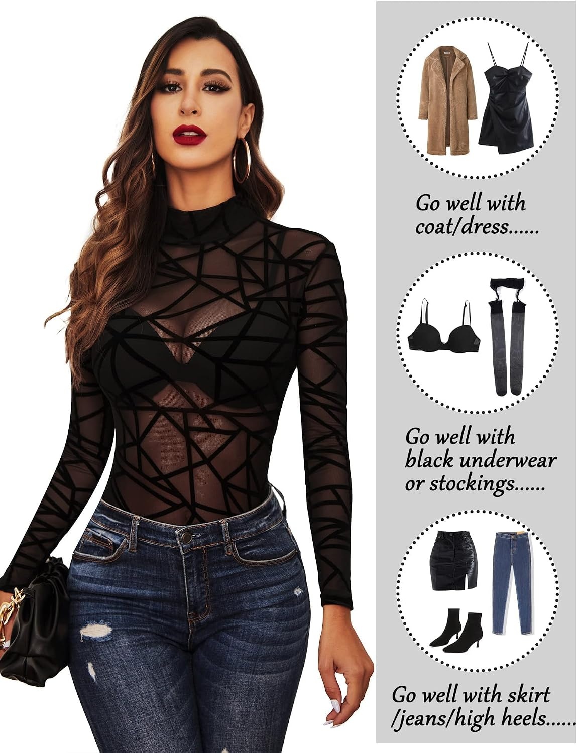 image:imageAvidlove Long Sleeve Bodysuit for Women Turtleneck Sheer Mesh Bodysuit Geo Print LeotardsBlack