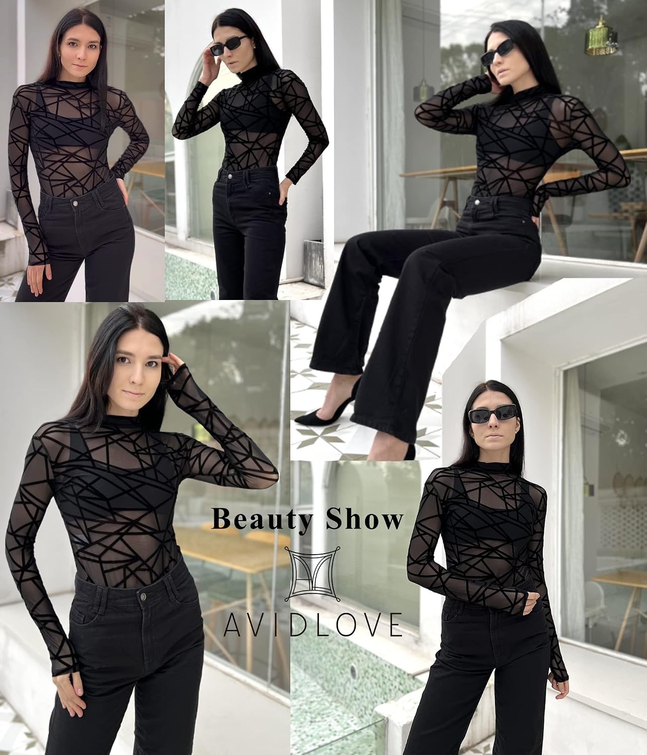 image:imageAvidlove Long Sleeve Bodysuit for Women Turtleneck Sheer Mesh Bodysuit Geo Print LeotardsBlack