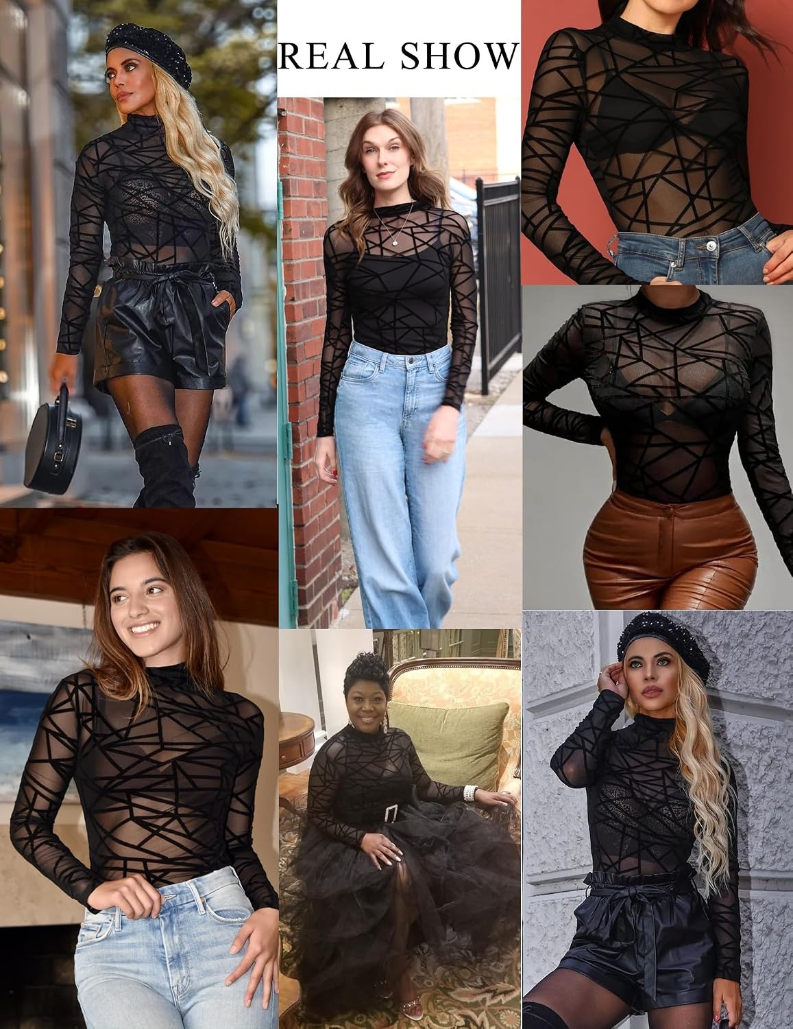 image:imageAvidlove Long Sleeve Bodysuit for Women Turtleneck Sheer Mesh Bodysuit Geo Print LeotardsBlack