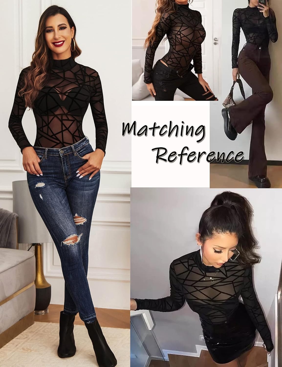image:imageAvidlove Long Sleeve Bodysuit for Women Turtleneck Sheer Mesh Bodysuit Geo Print LeotardsBlack