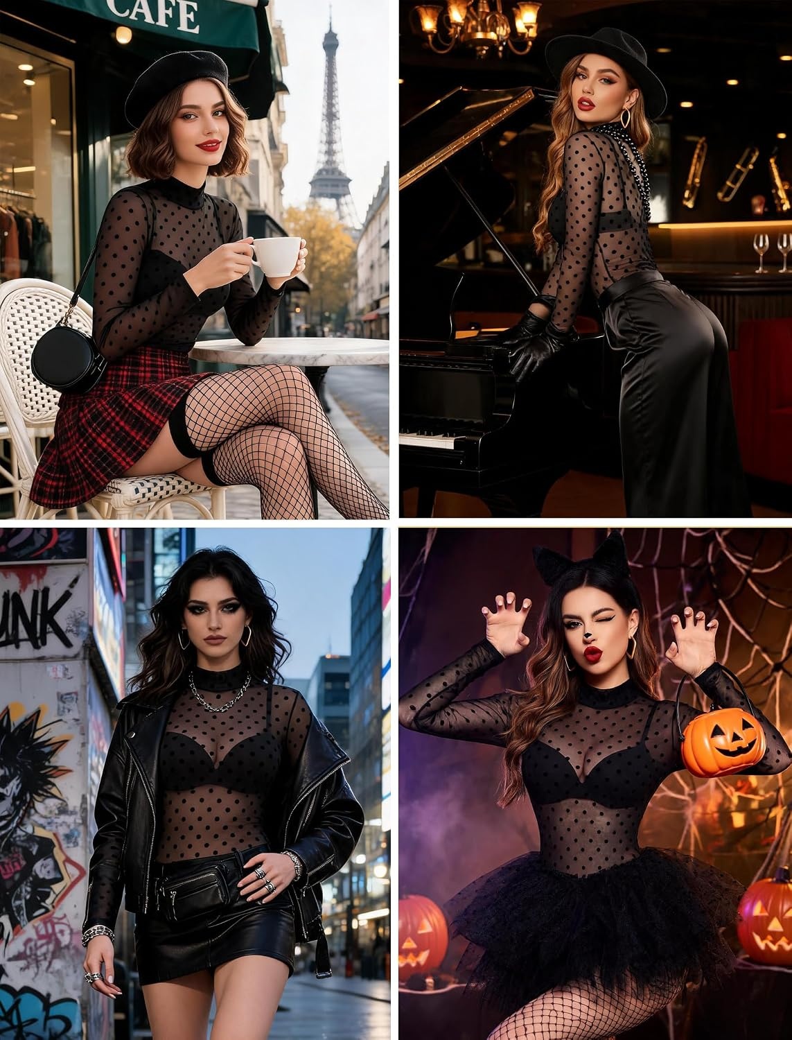 image:imageAvidlove Long Sleeve Bodysuit for Women Turtleneck Sheer Mesh Bodysuit Geo Print LeotardsBlack Polka Dots