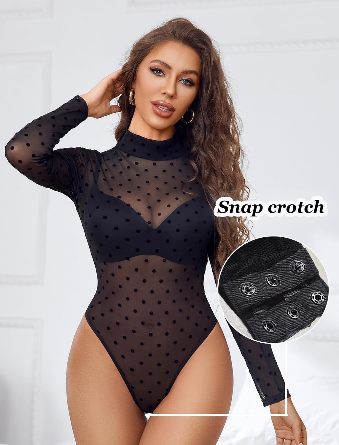 image:imageAvidlove Long Sleeve Bodysuit for Women Turtleneck Sheer Mesh Bodysuit Geo Print LeotardsBlack Polka Dots
