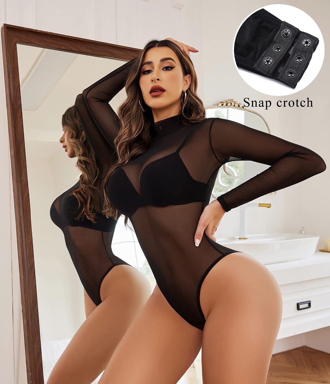 image:imageAvidlove Long Sleeve Bodysuit for Women Turtleneck Sheer Mesh Bodysuit Geo Print LeotardsBlack02