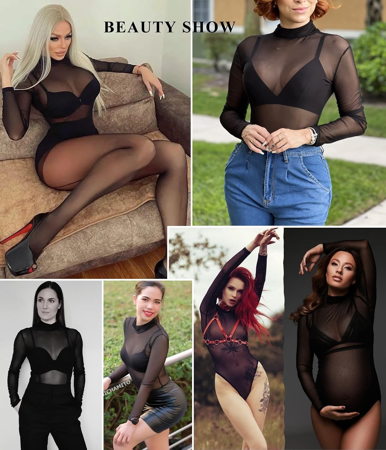 image:imageAvidlove Long Sleeve Bodysuit for Women Turtleneck Sheer Mesh Bodysuit Geo Print LeotardsBlack02