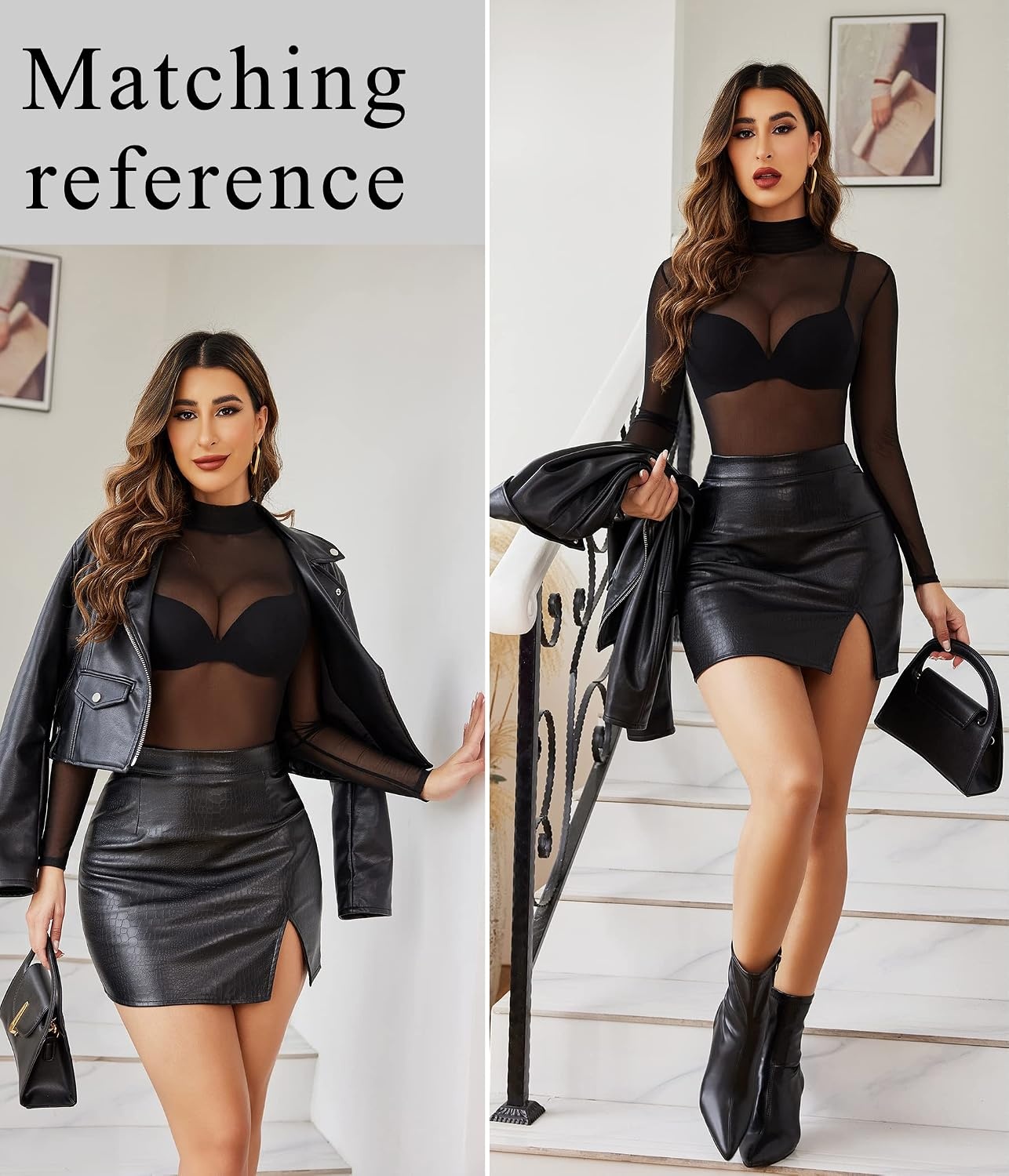 image:imageAvidlove Long Sleeve Bodysuit for Women Turtleneck Sheer Mesh Bodysuit Geo Print LeotardsBlack02