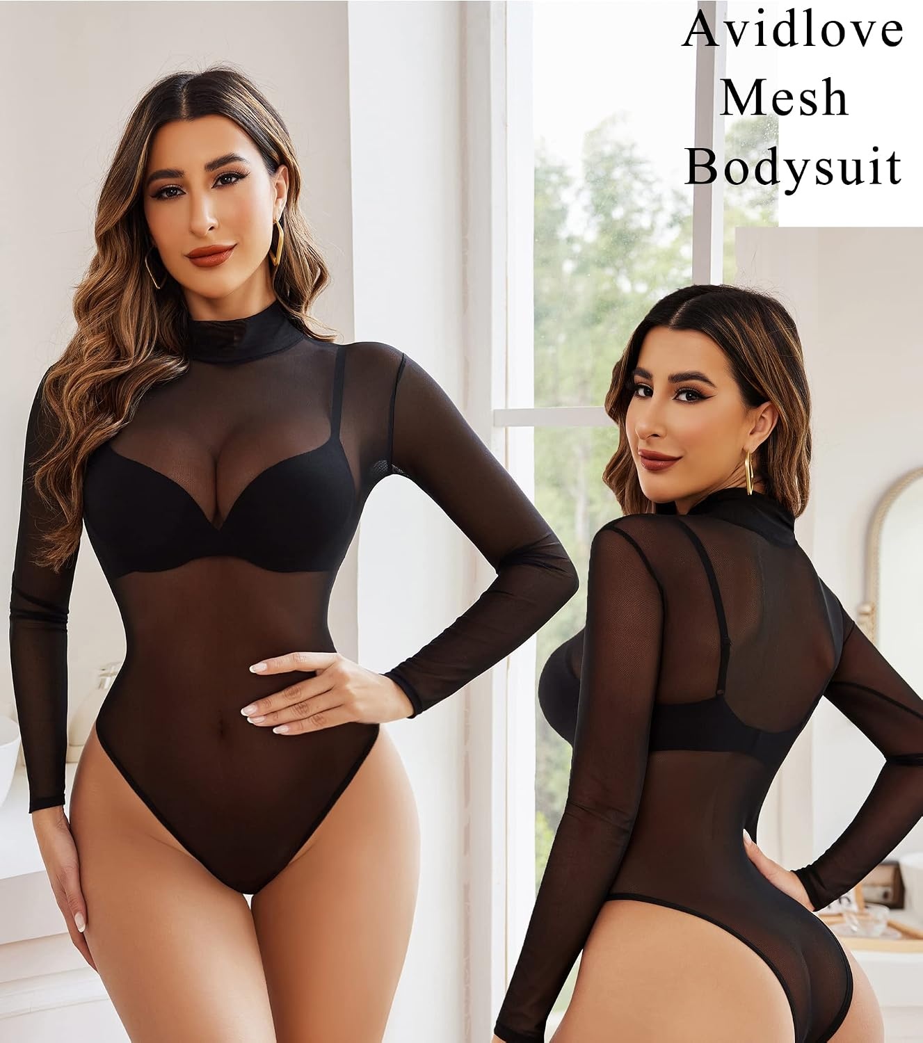 image:imageAvidlove Long Sleeve Bodysuit for Women Turtleneck Sheer Mesh Bodysuit Geo Print LeotardsBlack02