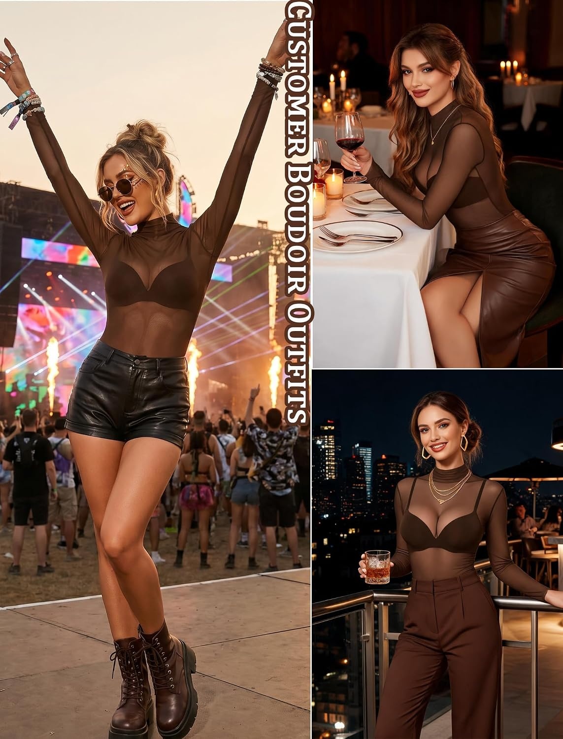 image:imageAvidlove Long Sleeve Bodysuit for Women Turtleneck Sheer Mesh Bodysuit Geo Print LeotardsBrown