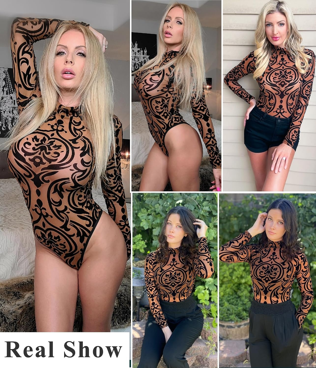 image:imageAvidlove Long Sleeve Bodysuit for Women Turtleneck Sheer Mesh Bodysuit Geo Print LeotardsBrown Baroque