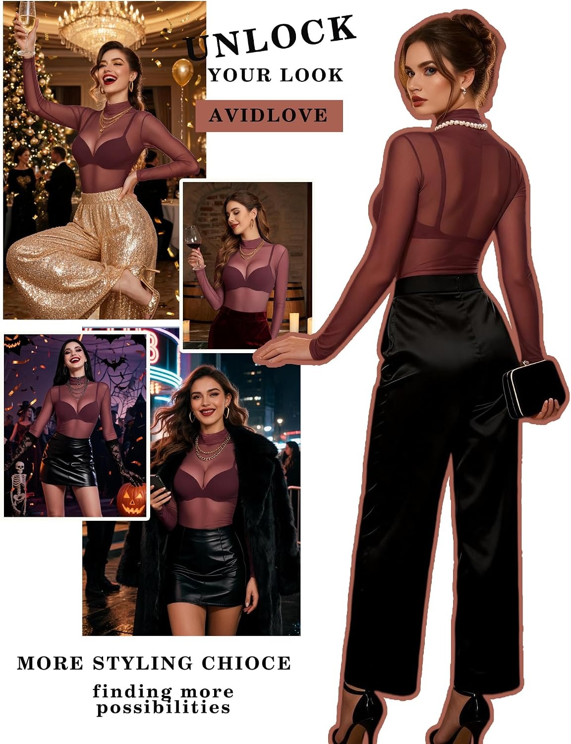 image:imageAvidlove Long Sleeve Bodysuit for Women Turtleneck Sheer Mesh Bodysuit Geo Print LeotardsDeep Purple Red
