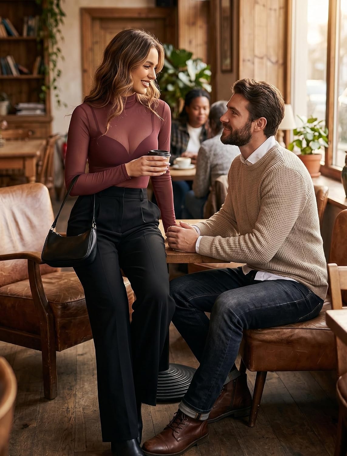 image:imageAvidlove Long Sleeve Bodysuit for Women Turtleneck Sheer Mesh Bodysuit Geo Print LeotardsDeep Purple Red