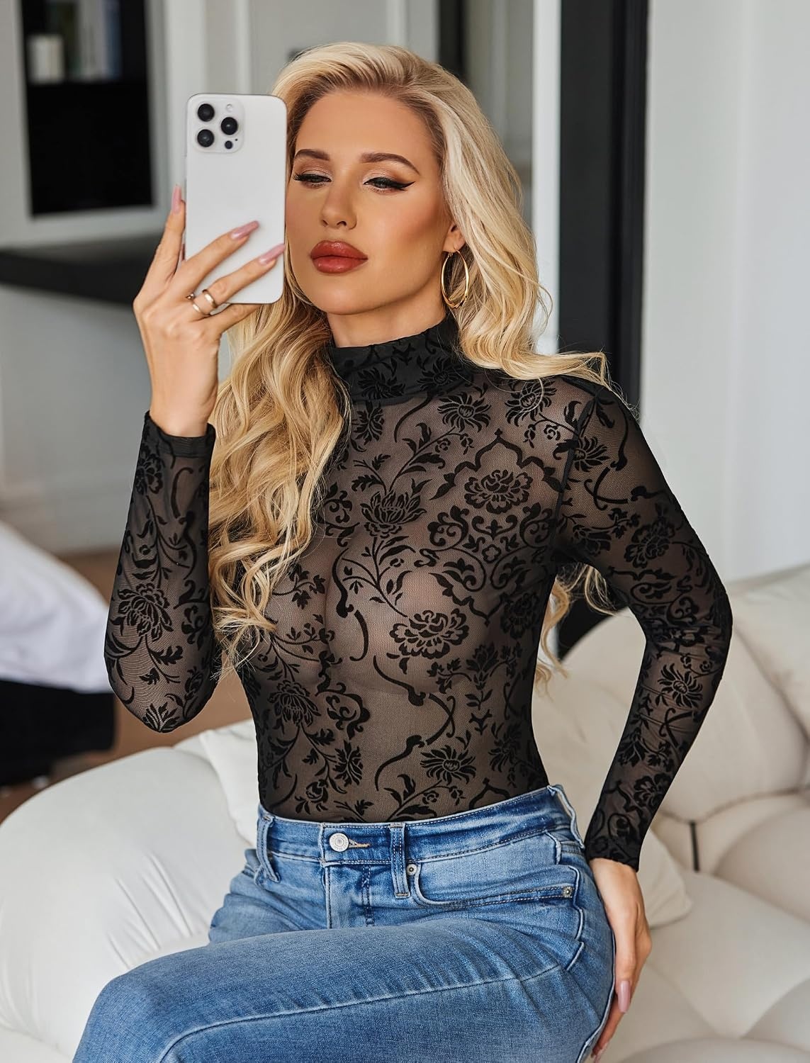 image:imageAvidlove Long Sleeve Bodysuit for Women Turtleneck Sheer Mesh Bodysuit Geo Print LeotardsFloral