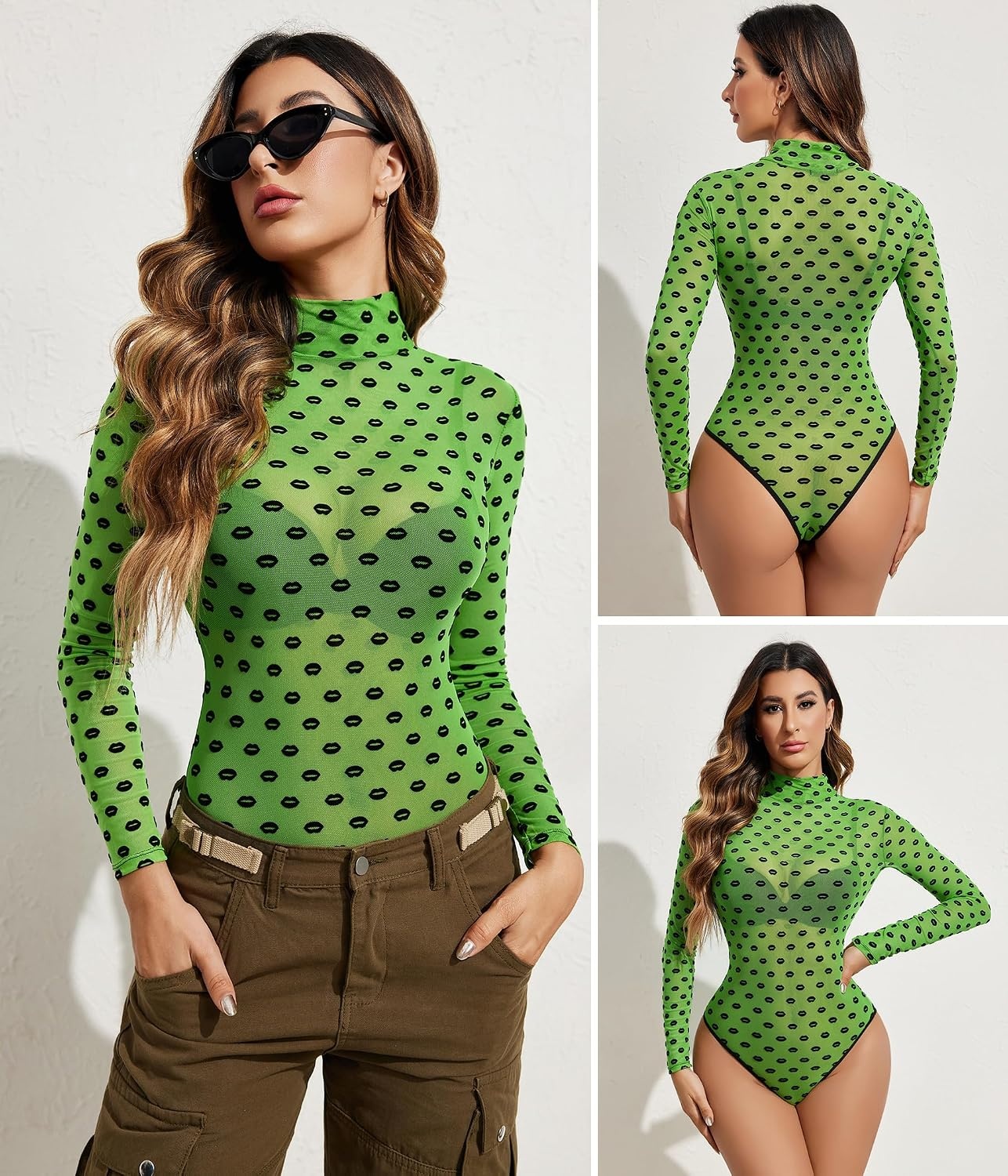 image:imageAvidlove Long Sleeve Bodysuit for Women Turtleneck Sheer Mesh Bodysuit Geo Print LeotardsGreen