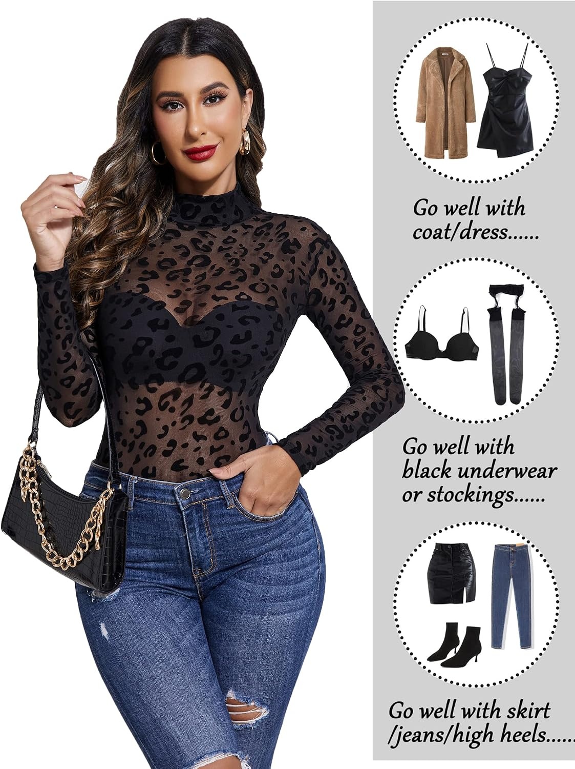 image:imageAvidlove Long Sleeve Bodysuit for Women Turtleneck Sheer Mesh Bodysuit Geo Print LeotardsLeopard Print