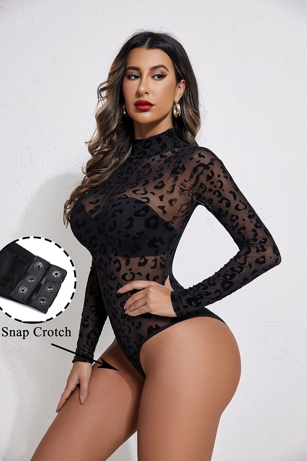 image:imageAvidlove Long Sleeve Bodysuit for Women Turtleneck Sheer Mesh Bodysuit Geo Print LeotardsLeopard Print