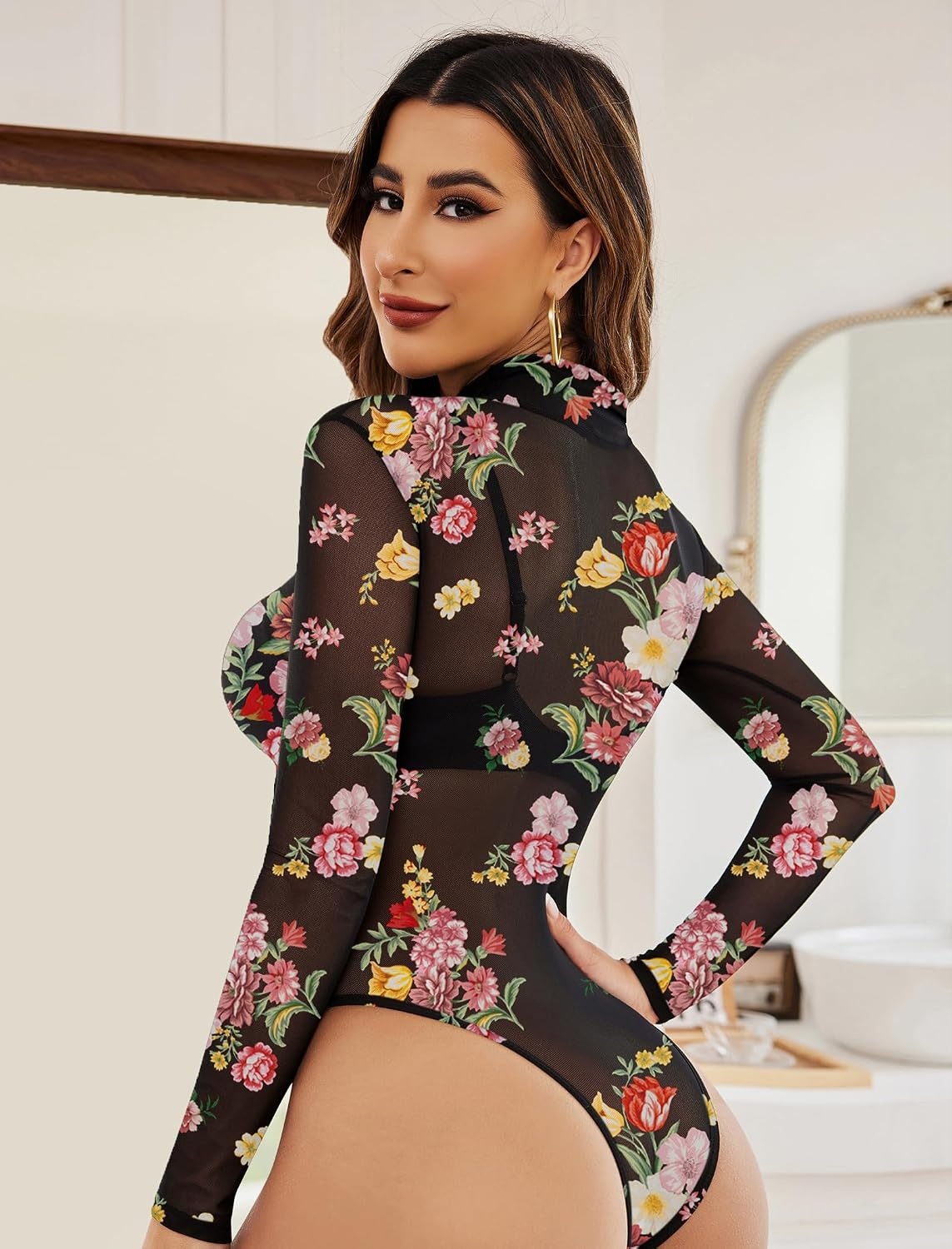 image:imageAvidlove Long Sleeve Bodysuit for Women Turtleneck Sheer Mesh Bodysuit Geo Print LeotardsMultifloral
