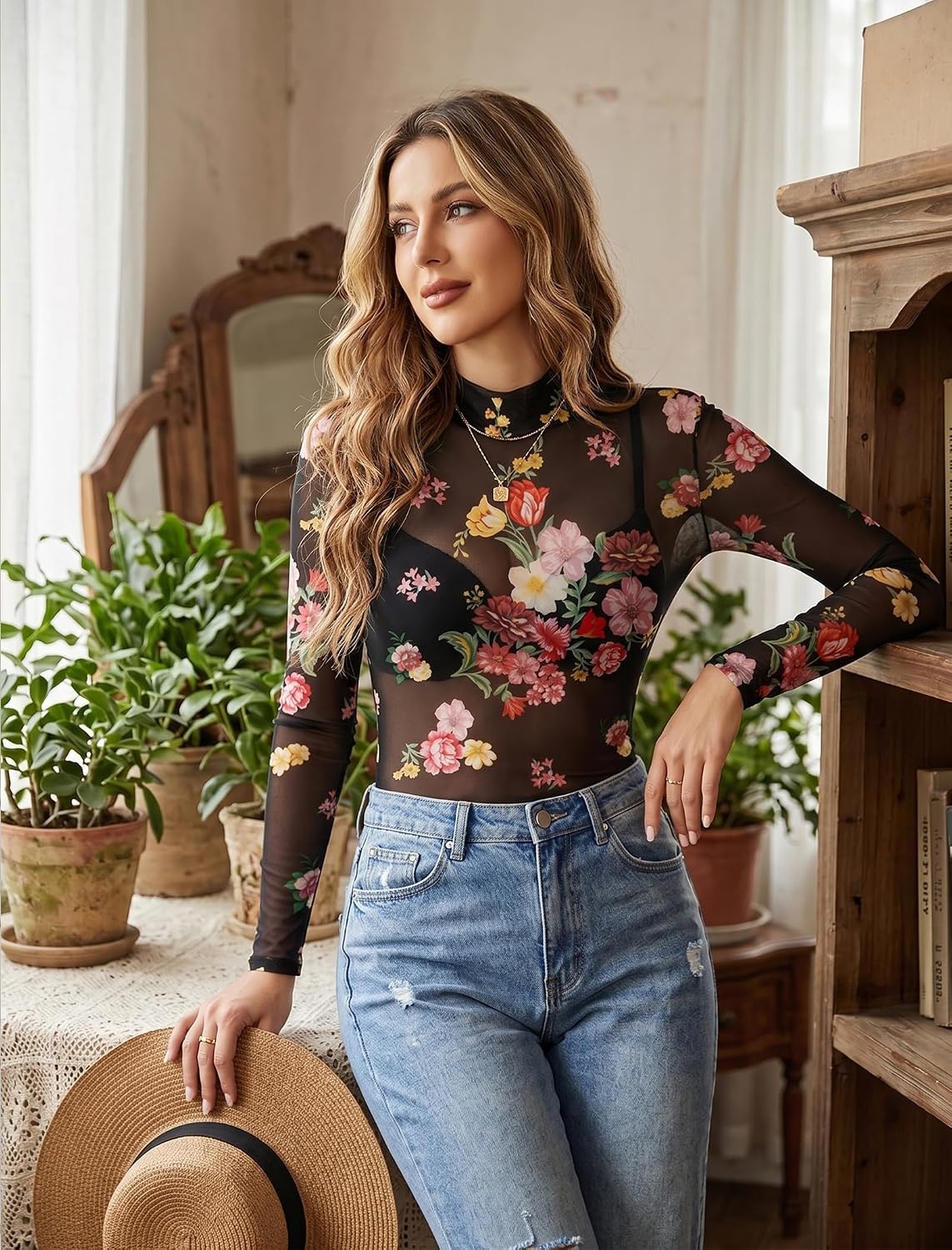 image:imageAvidlove Long Sleeve Bodysuit for Women Turtleneck Sheer Mesh Bodysuit Geo Print LeotardsMultifloral