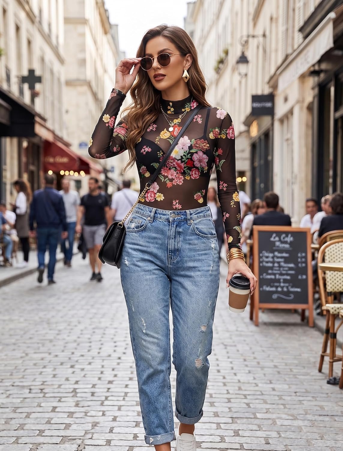image:imageAvidlove Long Sleeve Bodysuit for Women Turtleneck Sheer Mesh Bodysuit Geo Print LeotardsMultifloral