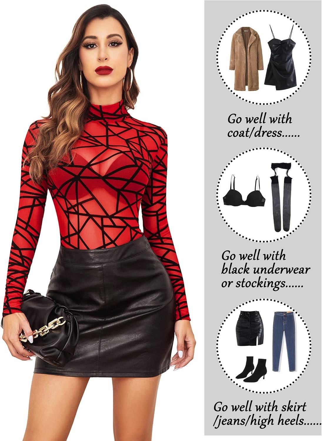 image:imageAvidlove Long Sleeve Bodysuit for Women Turtleneck Sheer Mesh Bodysuit Geo Print LeotardsRed