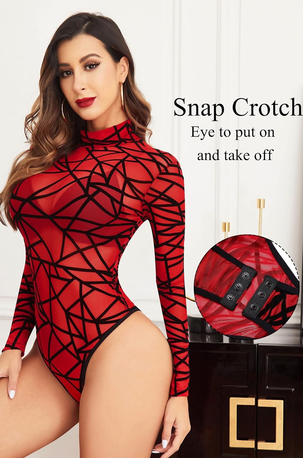 image:imageAvidlove Long Sleeve Bodysuit for Women Turtleneck Sheer Mesh Bodysuit Geo Print LeotardsRed