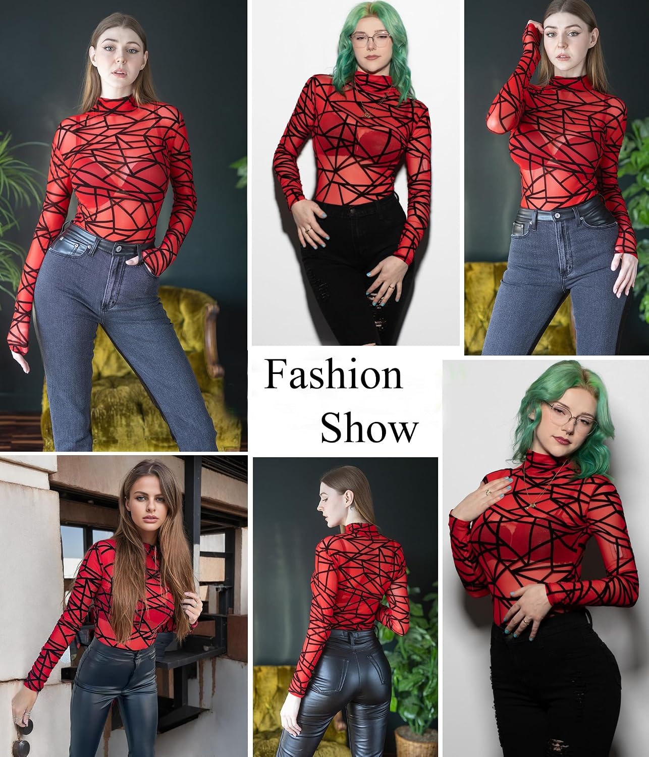 image:imageAvidlove Long Sleeve Bodysuit for Women Turtleneck Sheer Mesh Bodysuit Geo Print LeotardsRed
