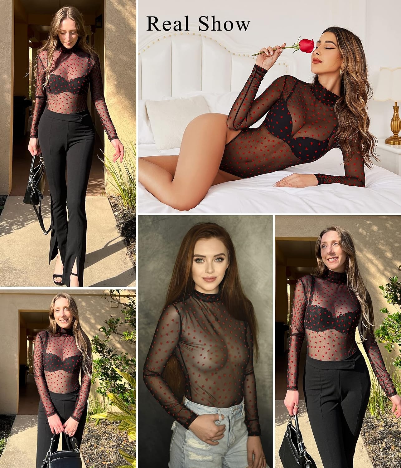 image:imageAvidlove Long Sleeve Bodysuit for Women Turtleneck Sheer Mesh Bodysuit Geo Print LeotardsRed Heart