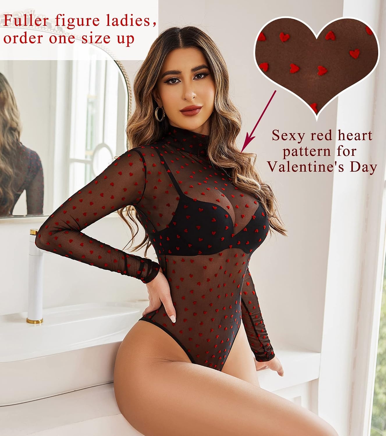 image:imageAvidlove Long Sleeve Bodysuit for Women Turtleneck Sheer Mesh Bodysuit Geo Print LeotardsRed Heart