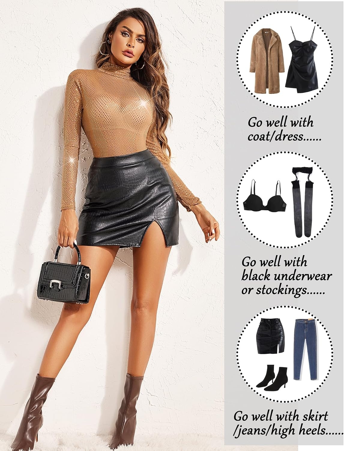 image:imageAvidlove Long Sleeve Bodysuit for Women Turtleneck Sheer Mesh Bodysuit Geo Print LeotardsSparkle Khaki