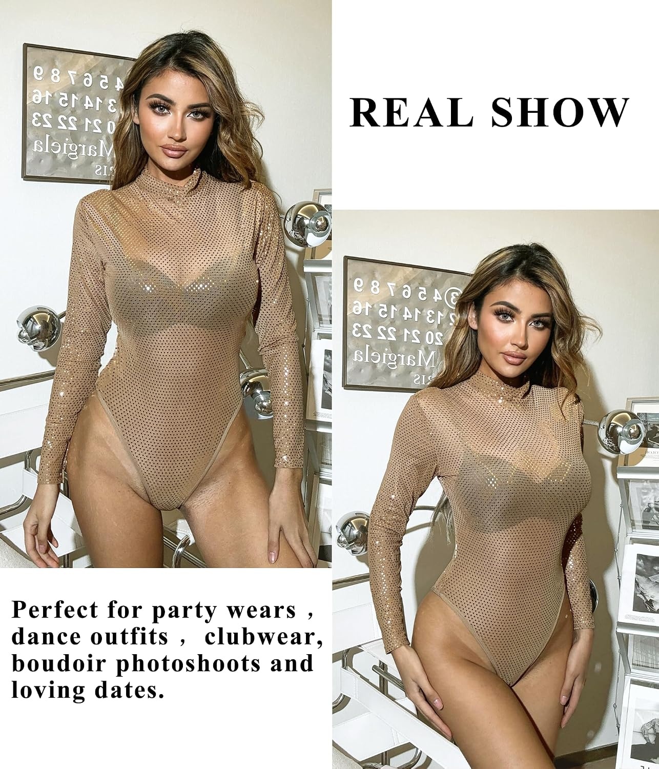 image:imageAvidlove Long Sleeve Bodysuit for Women Turtleneck Sheer Mesh Bodysuit Geo Print LeotardsSparkle Khaki