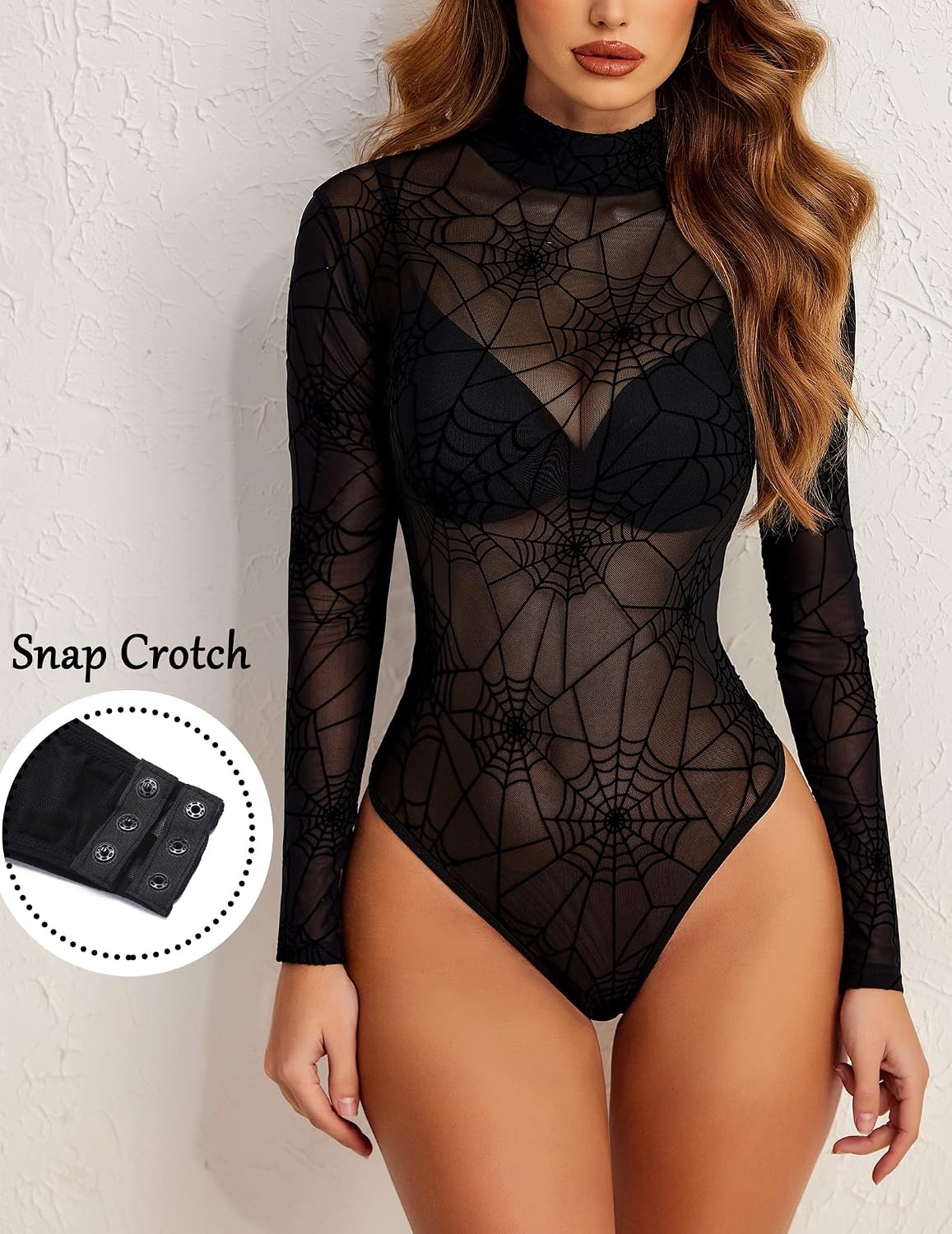 image:imageAvidlove Long Sleeve Bodysuit for Women Turtleneck Sheer Mesh Bodysuit Geo Print LeotardsSpider Web