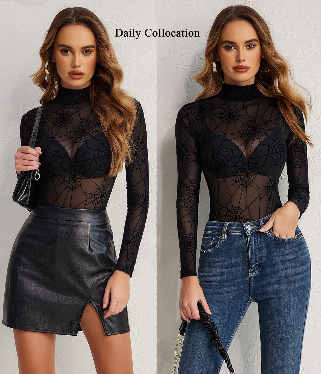 image:imageAvidlove Long Sleeve Bodysuit for Women Turtleneck Sheer Mesh Bodysuit Geo Print LeotardsSpider Web