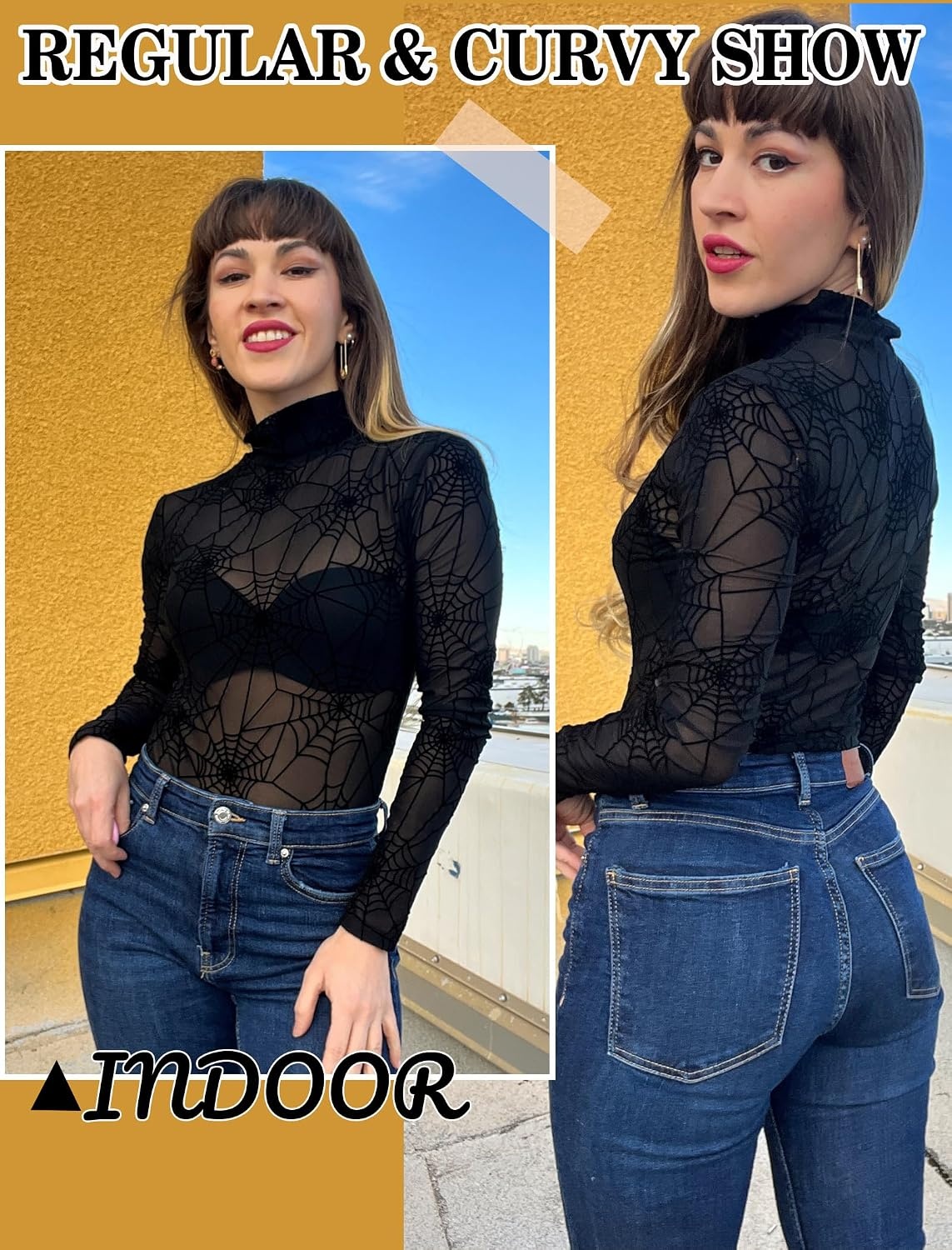 image:imageAvidlove Long Sleeve Bodysuit for Women Turtleneck Sheer Mesh Bodysuit Geo Print LeotardsSpider Web
