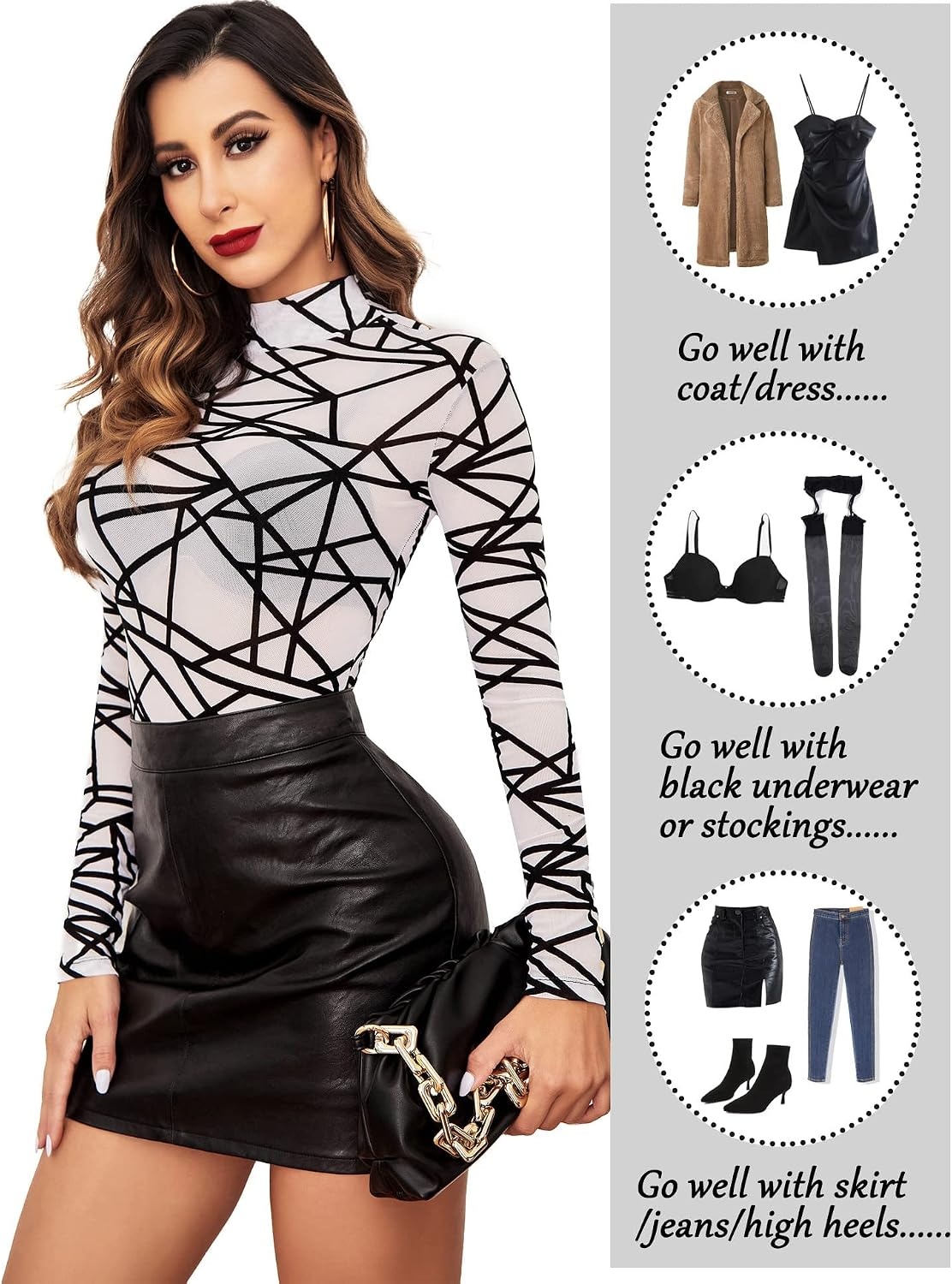 image:imageAvidlove Long Sleeve Bodysuit for Women Turtleneck Sheer Mesh Bodysuit Geo Print LeotardsWhite