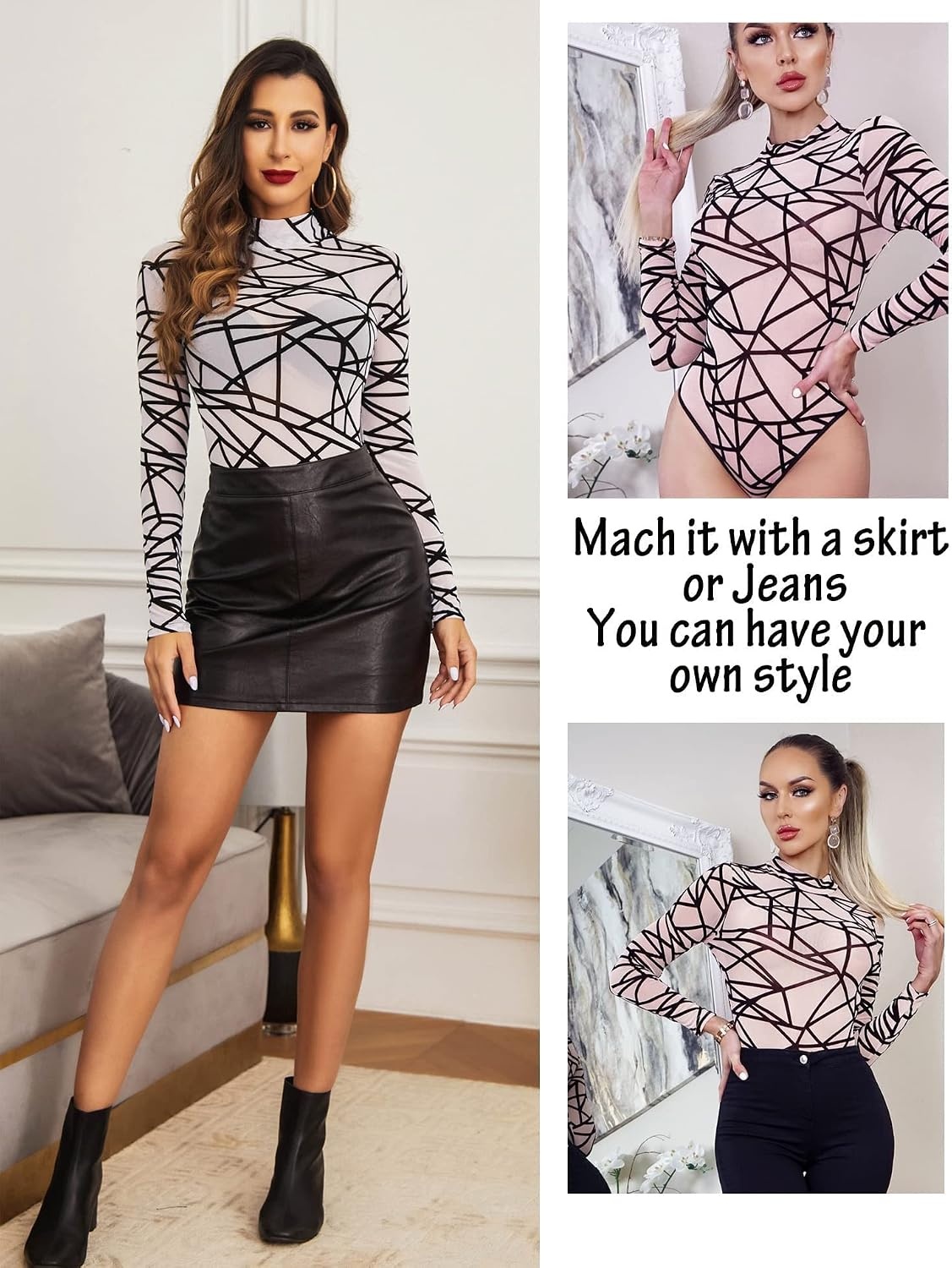 image:imageAvidlove Long Sleeve Bodysuit for Women Turtleneck Sheer Mesh Bodysuit Geo Print LeotardsWhite