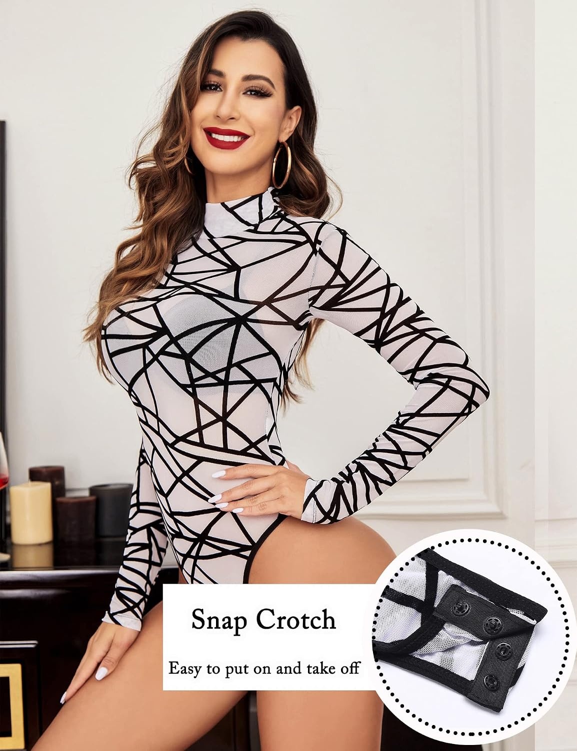 image:imageAvidlove Long Sleeve Bodysuit for Women Turtleneck Sheer Mesh Bodysuit Geo Print LeotardsWhite