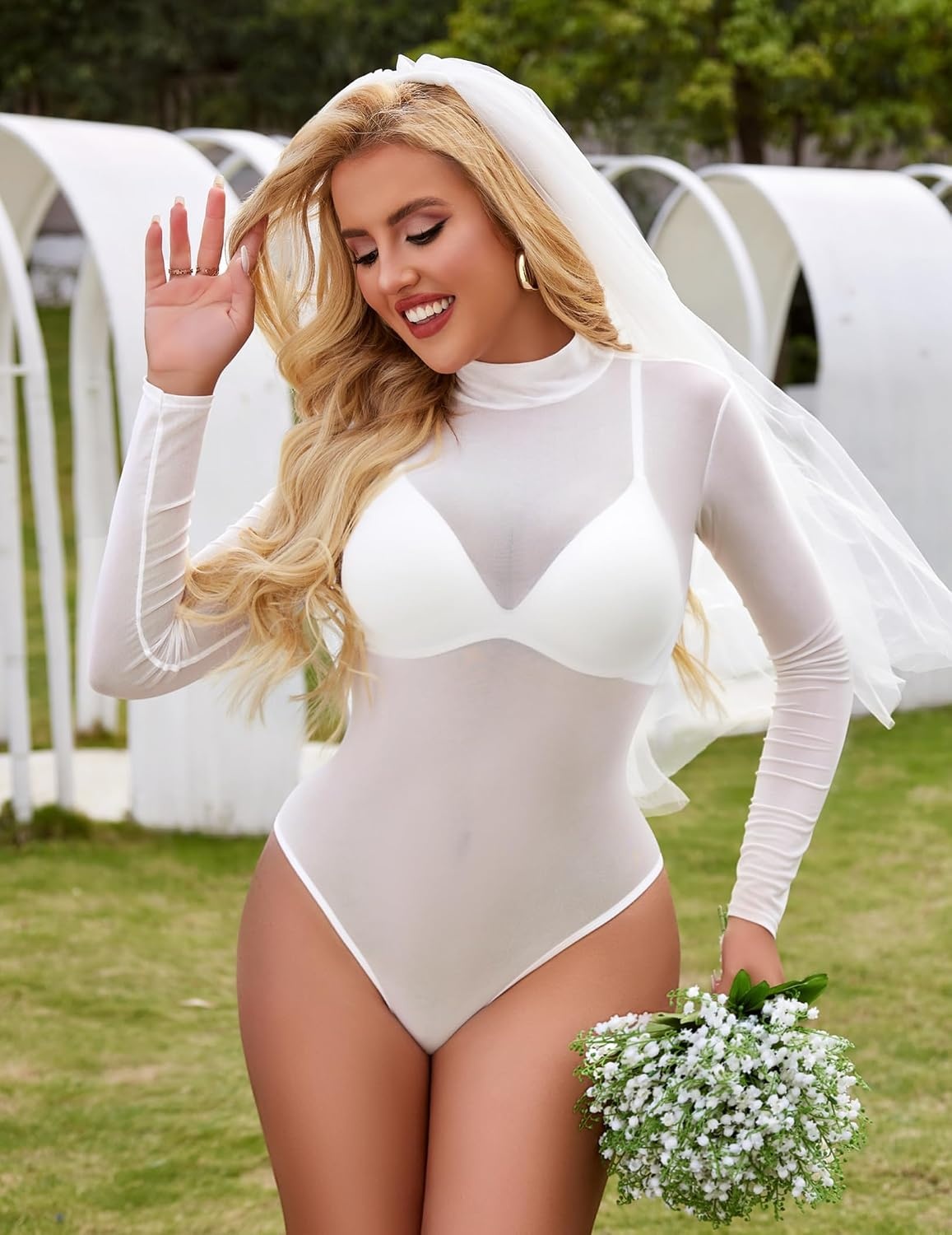 image:imageAvidlove Long Sleeve Bodysuit for Women Turtleneck Sheer Mesh Bodysuit Geo Print LeotardsWhite02