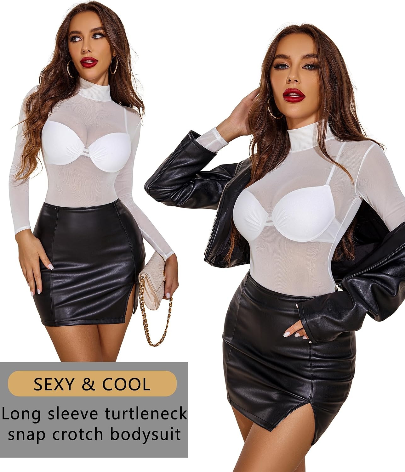 image:imageAvidlove Long Sleeve Bodysuit for Women Turtleneck Sheer Mesh Bodysuit Geo Print LeotardsWhite02