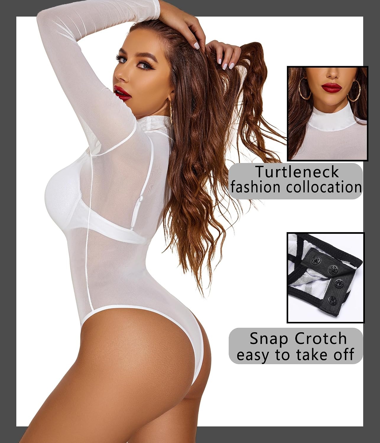 image:imageAvidlove Long Sleeve Bodysuit for Women Turtleneck Sheer Mesh Bodysuit Geo Print LeotardsWhite02