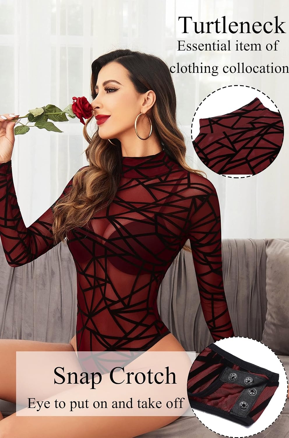 image:imageAvidlove Long Sleeve Bodysuit for Women Turtleneck Sheer Mesh Bodysuit Geo Print LeotardsWine Red