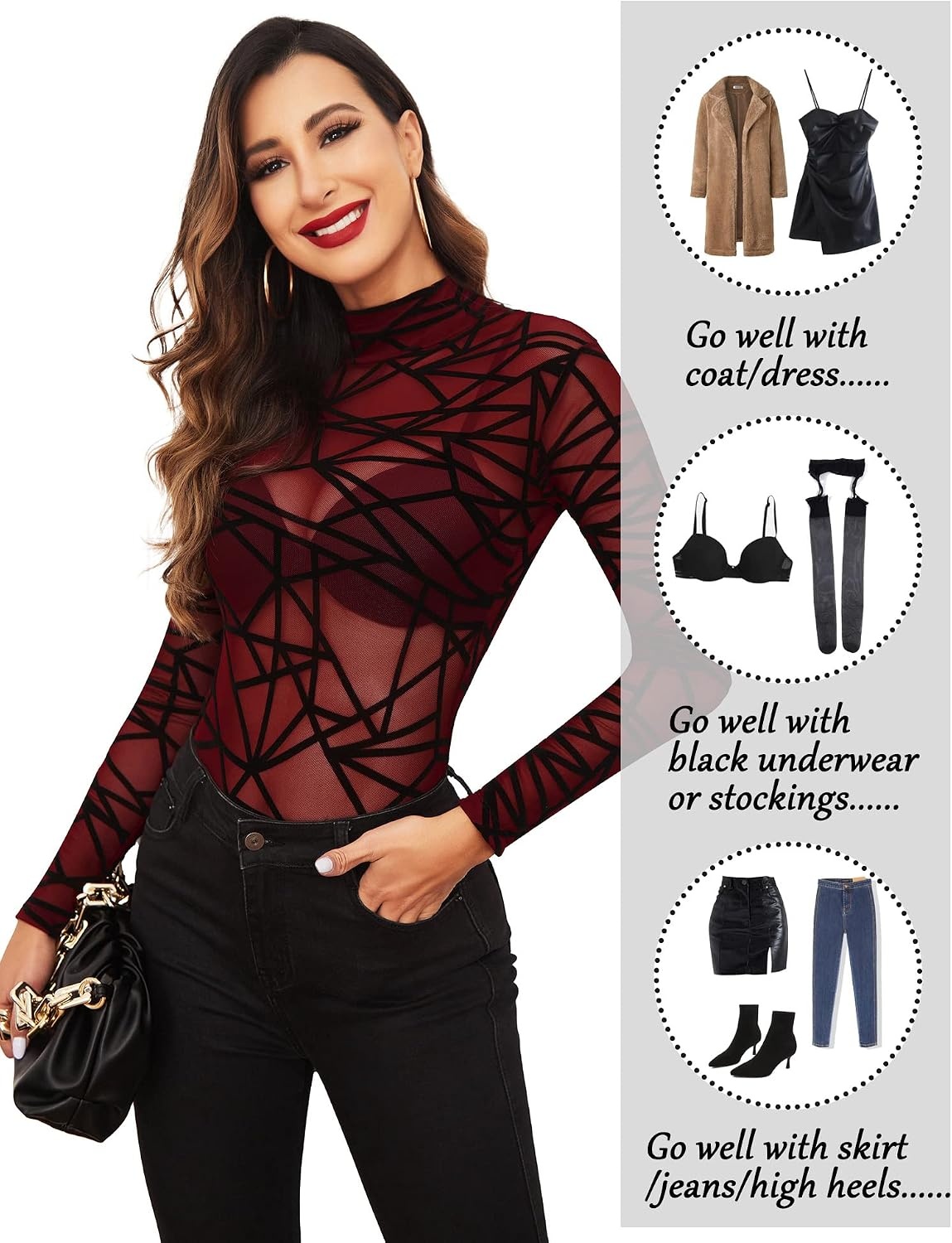 image:imageAvidlove Long Sleeve Bodysuit for Women Turtleneck Sheer Mesh Bodysuit Geo Print LeotardsWine Red