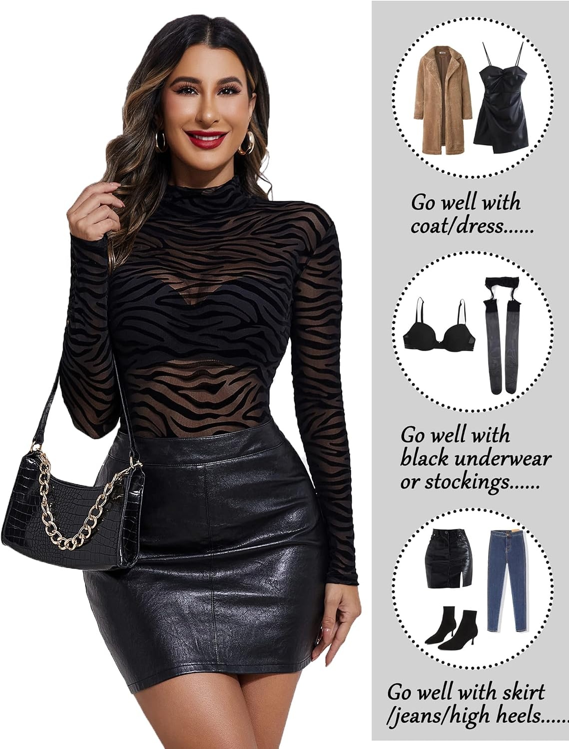 image:imageAvidlove Long Sleeve Bodysuit for Women Turtleneck Sheer Mesh Bodysuit Geo Print LeotardsZebra Print
