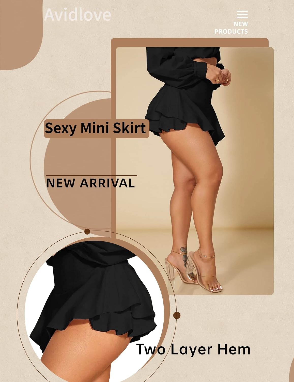 image:imageAvidlove Mini Skirt for Women Sexy Solid Ruffle Trim Lingerie Skirt Short High Waist Two Layer Hem SkirtBlack