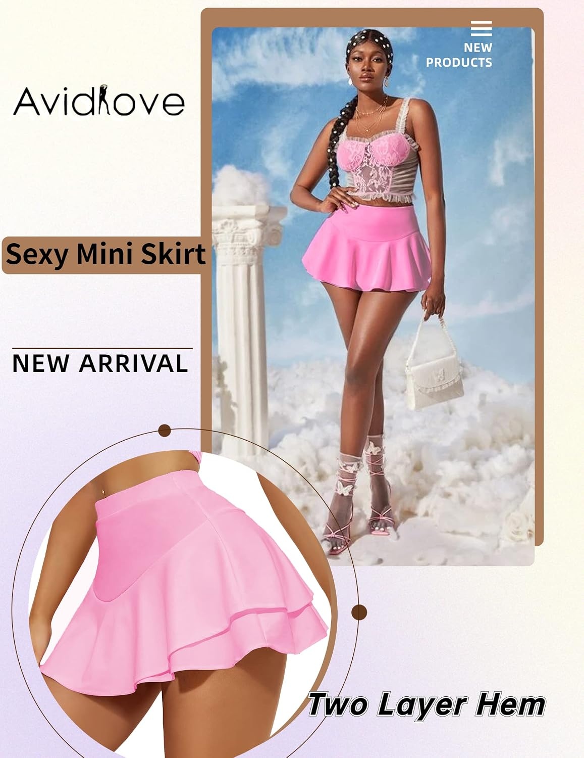 image:imageAvidlove Mini Skirt for Women Sexy Solid Ruffle Trim Lingerie Skirt Short High Waist Two Layer Hem SkirtPink