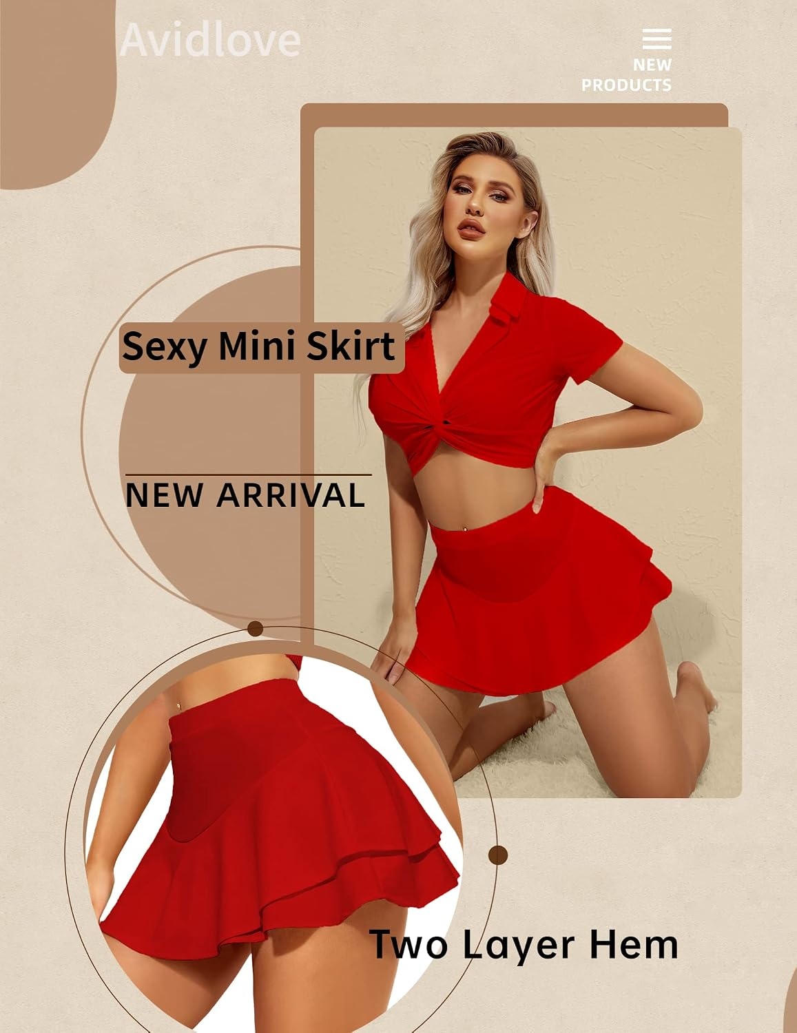 image:imageAvidlove Mini Skirt for Women Sexy Solid Ruffle Trim Lingerie Skirt Short High Waist Two Layer Hem SkirtRed