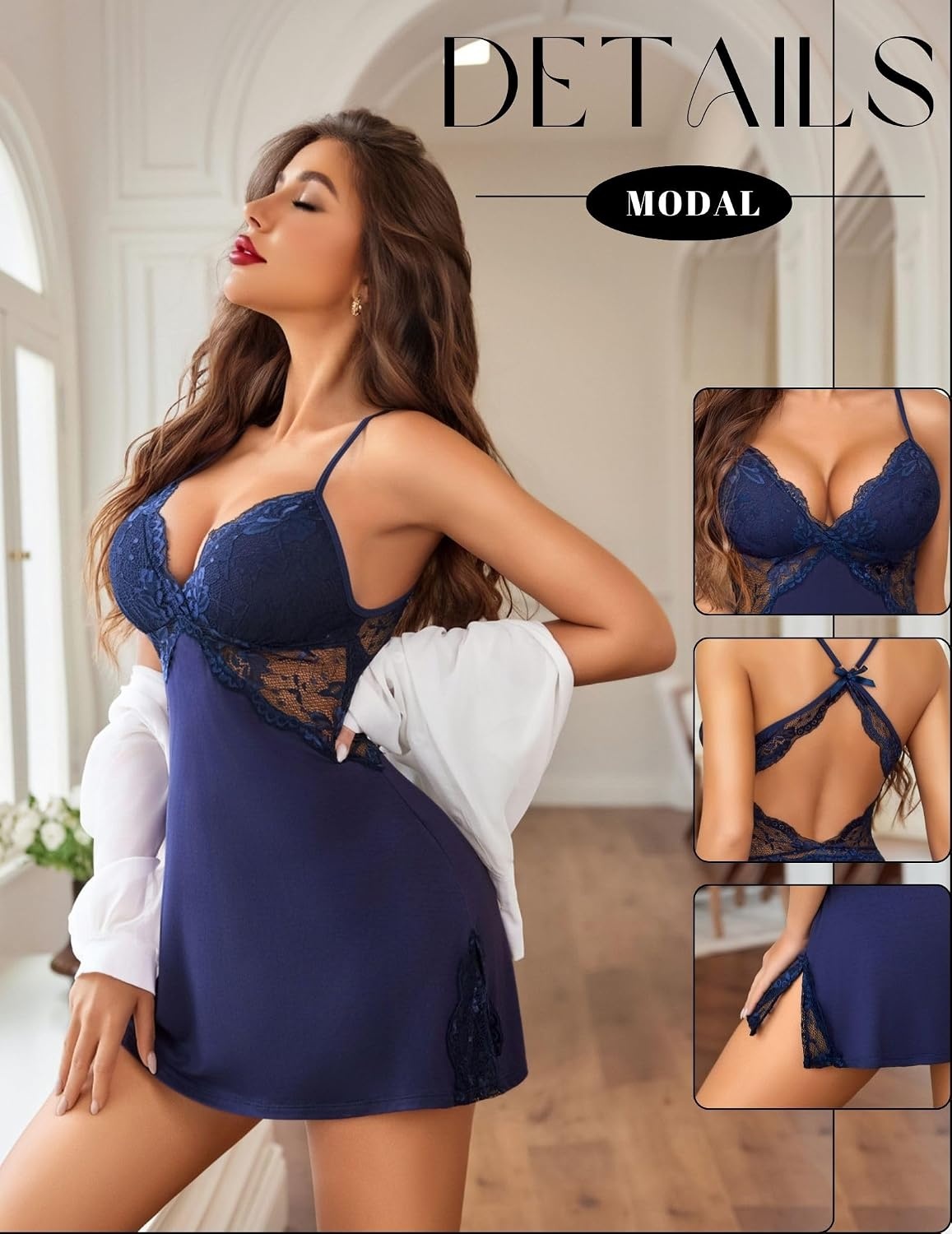 image:imageAvidlove Women Lingerie Modal Lace Side Slit Chemise Sleepwear Babydoll Teddy LingerieAblue