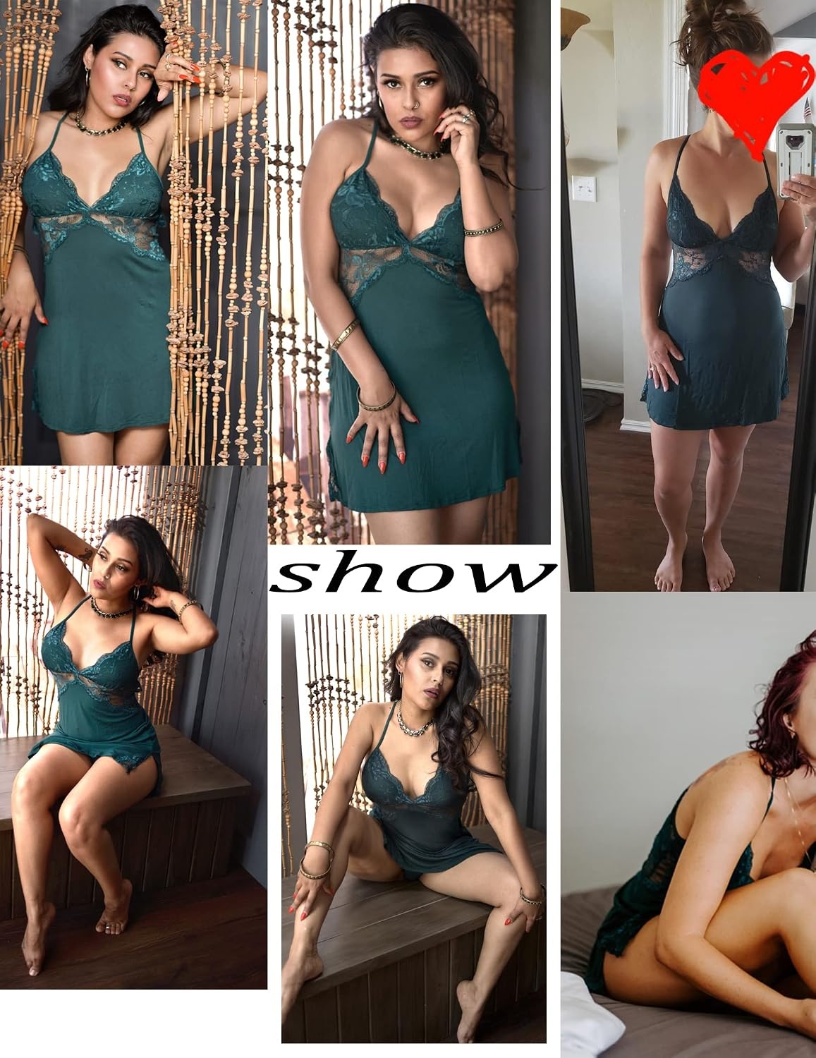 image:imageAvidlove Women Lingerie Modal Lace Side Slit Chemise Sleepwear Babydoll Teddy LingerieAdark Green